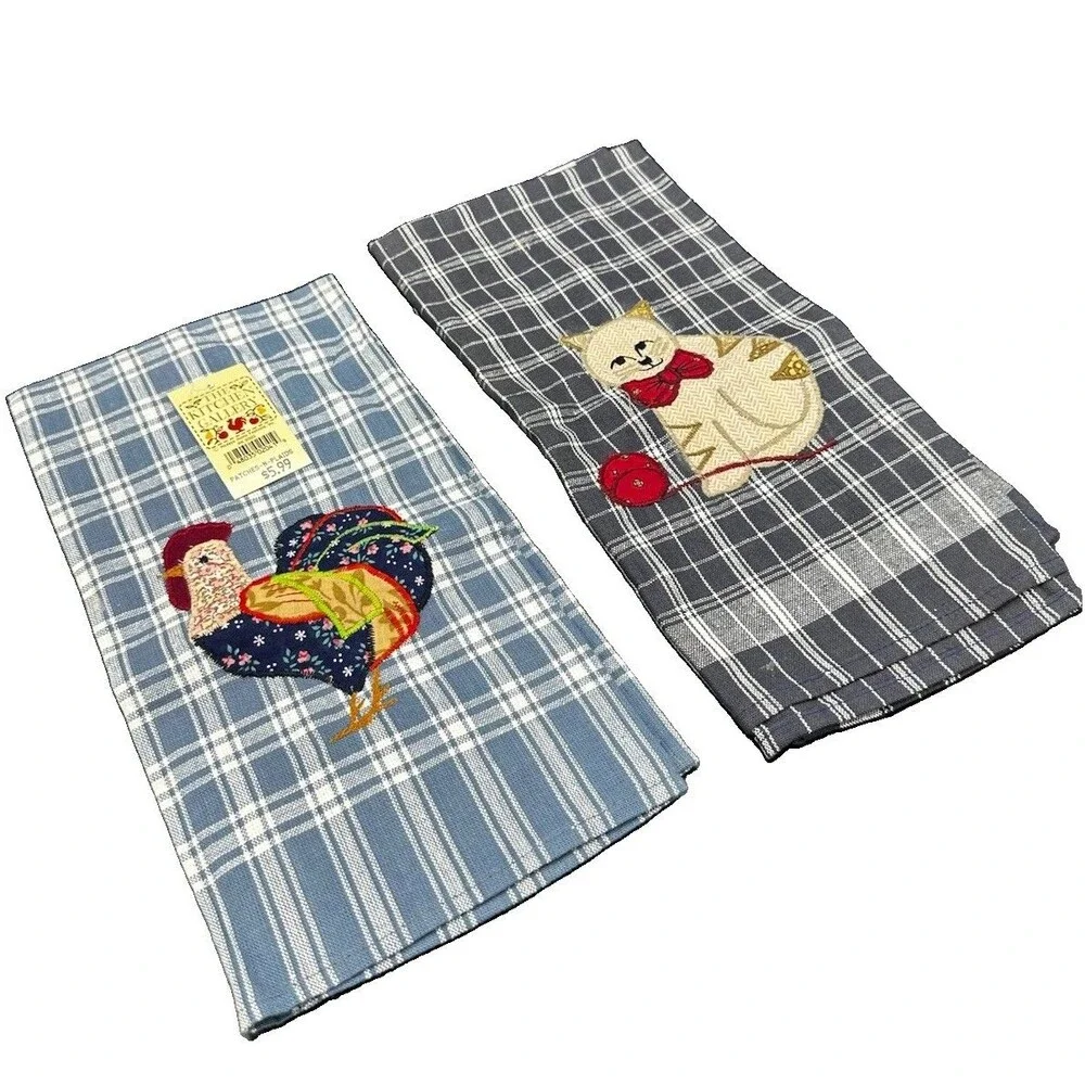 NEW Vintage MCM Cotton Dish Tea Towels Rooster And Cat (NWT)